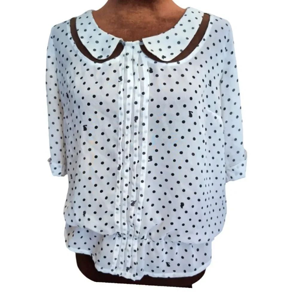 White sheer chiffon polka dot bunny print blouse Peter Pan collar size S